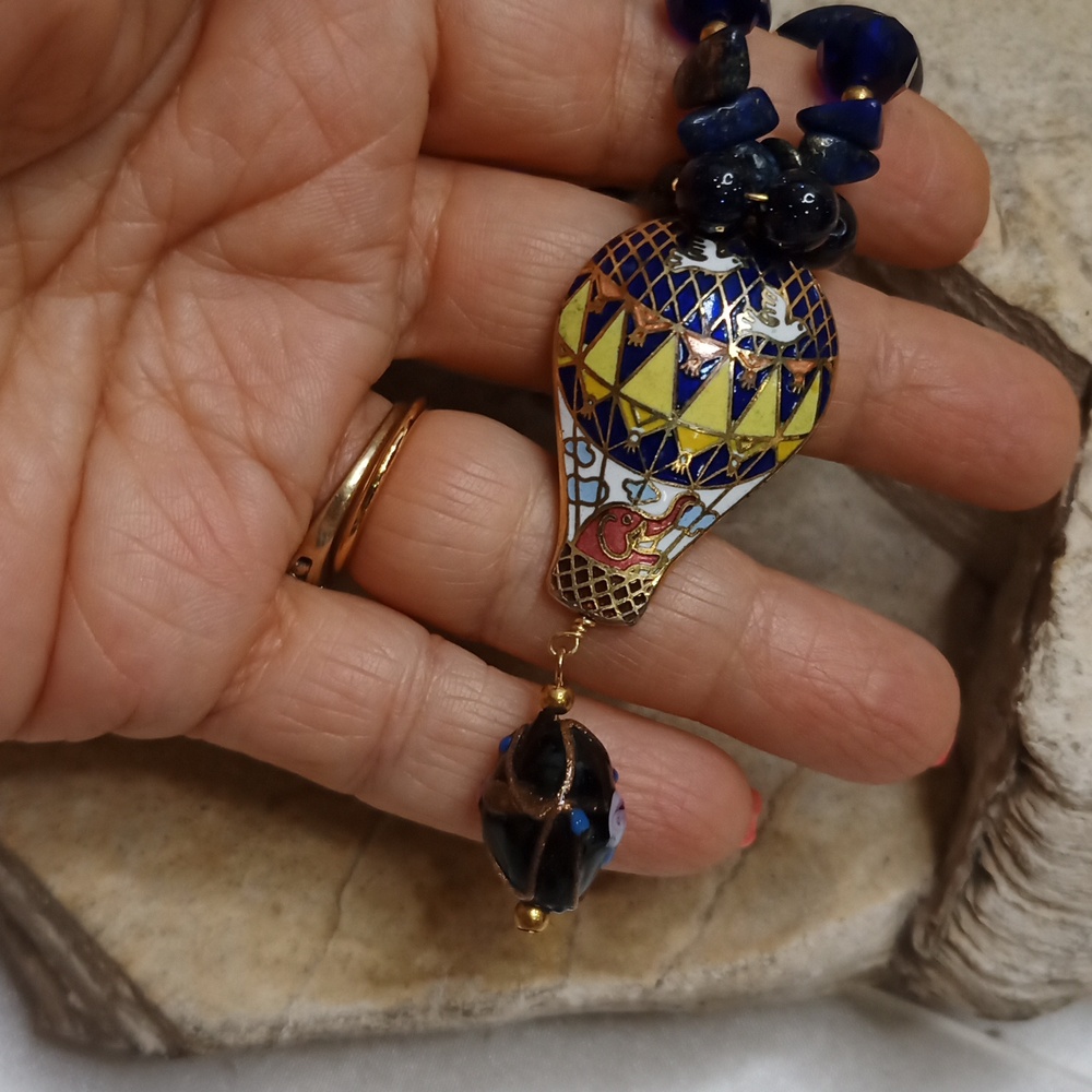 Vintage cloisonne Pendant lapis Lazuli Necklace Wedding Cake 925 Earrings - Picture 8 of 13